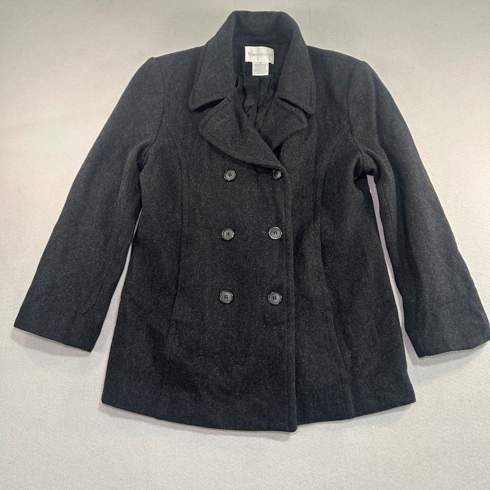 Worthington Pea Coat Women 12 Charcoal Grey 100% Wool Double Breasted Jacket